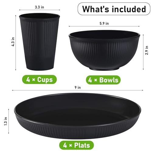 Wheat Straw Dinnerware Sets, Kitchen Unbreakable Wheat Straw Plates and Black