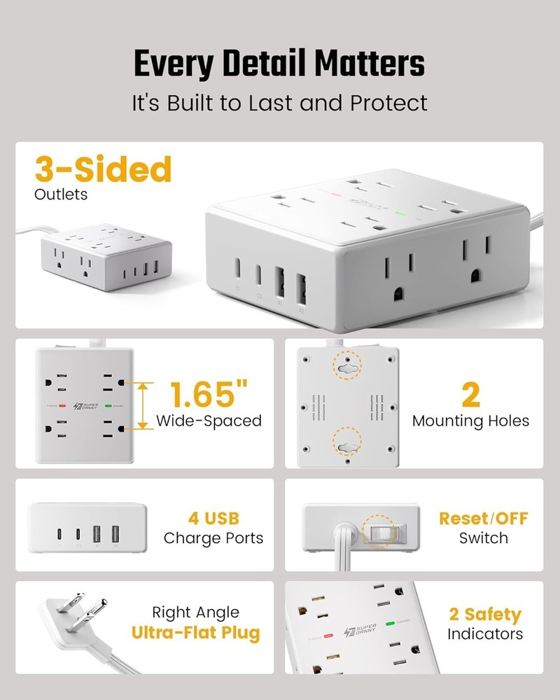10Ft Extension Cord with Multiple Outlets, Flat Plug Surge Protector Power Strip