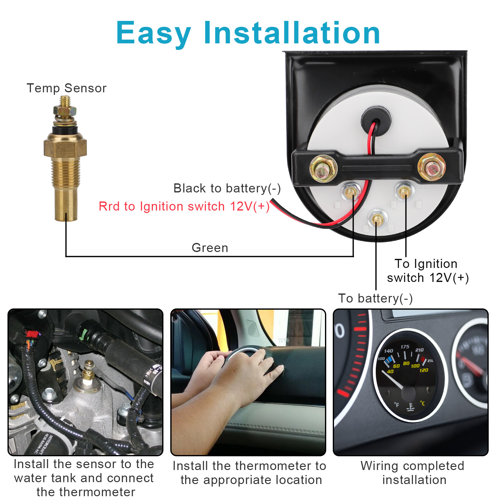 2'' 52mm Mechanical Black Pointer Water Temp Temperature Gauge + Sensor ℃ & ℉