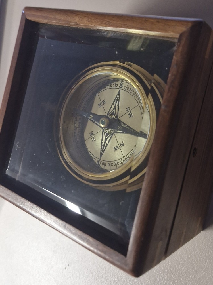 BRASS GIMBAL COMPASS BOXED ~ NAUTICAL COMPASS ~ MARITIME ~ PIRATE ~ COMPASS