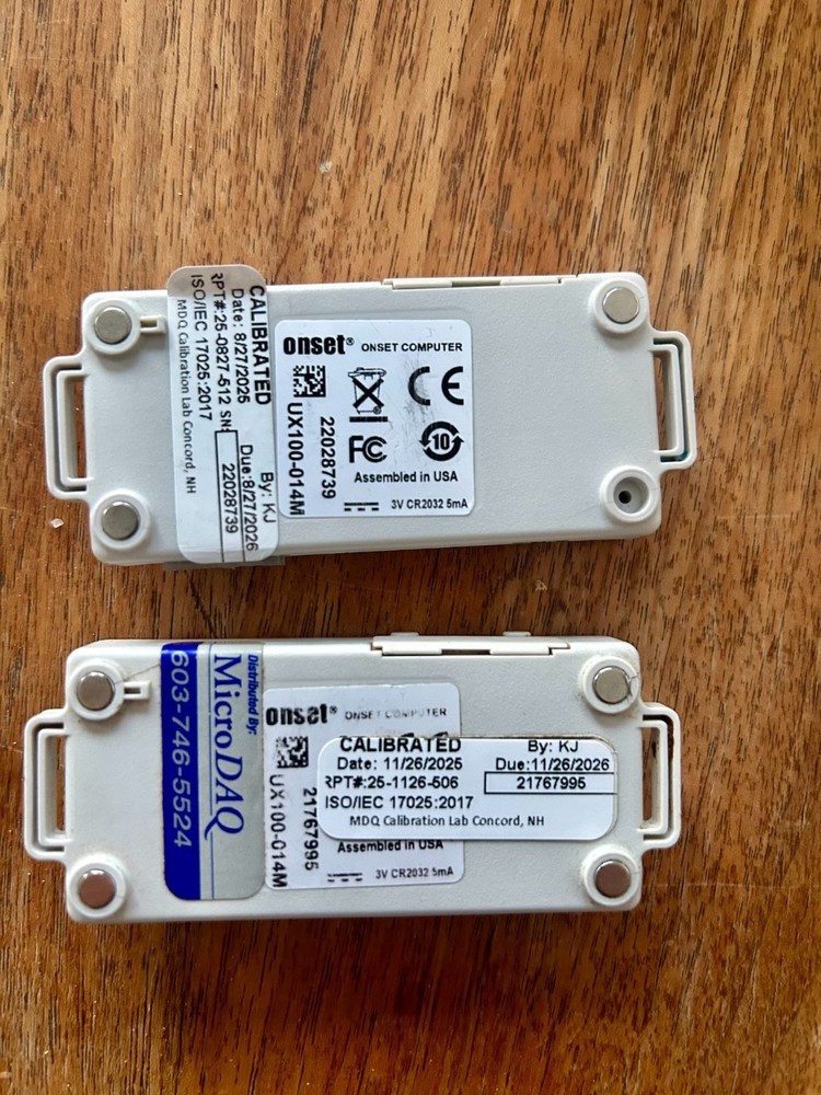 Onset HOBO temperature data loggers certified calibrated Type K