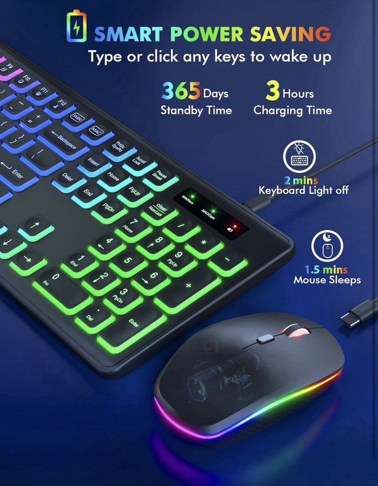 Trueque Wireless Keyboard and Mouse Combo, RGB Backlit, Rechargeable Full Size