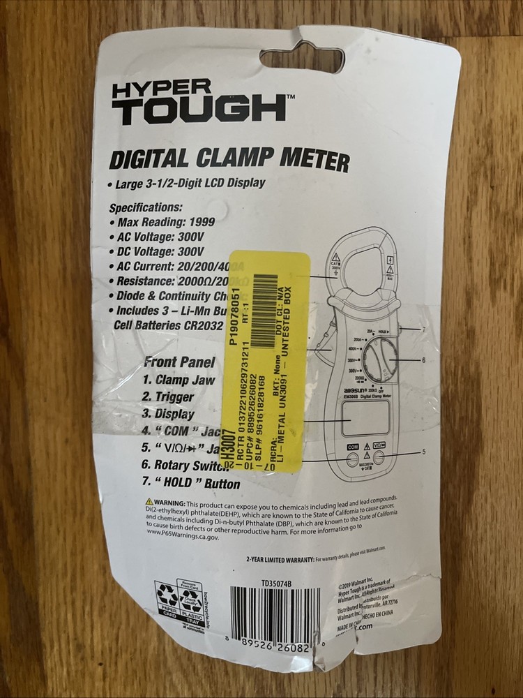 Hyper Tough Digital Clamp Meter AC DC 300V LCD Display Diode & Continuity Check