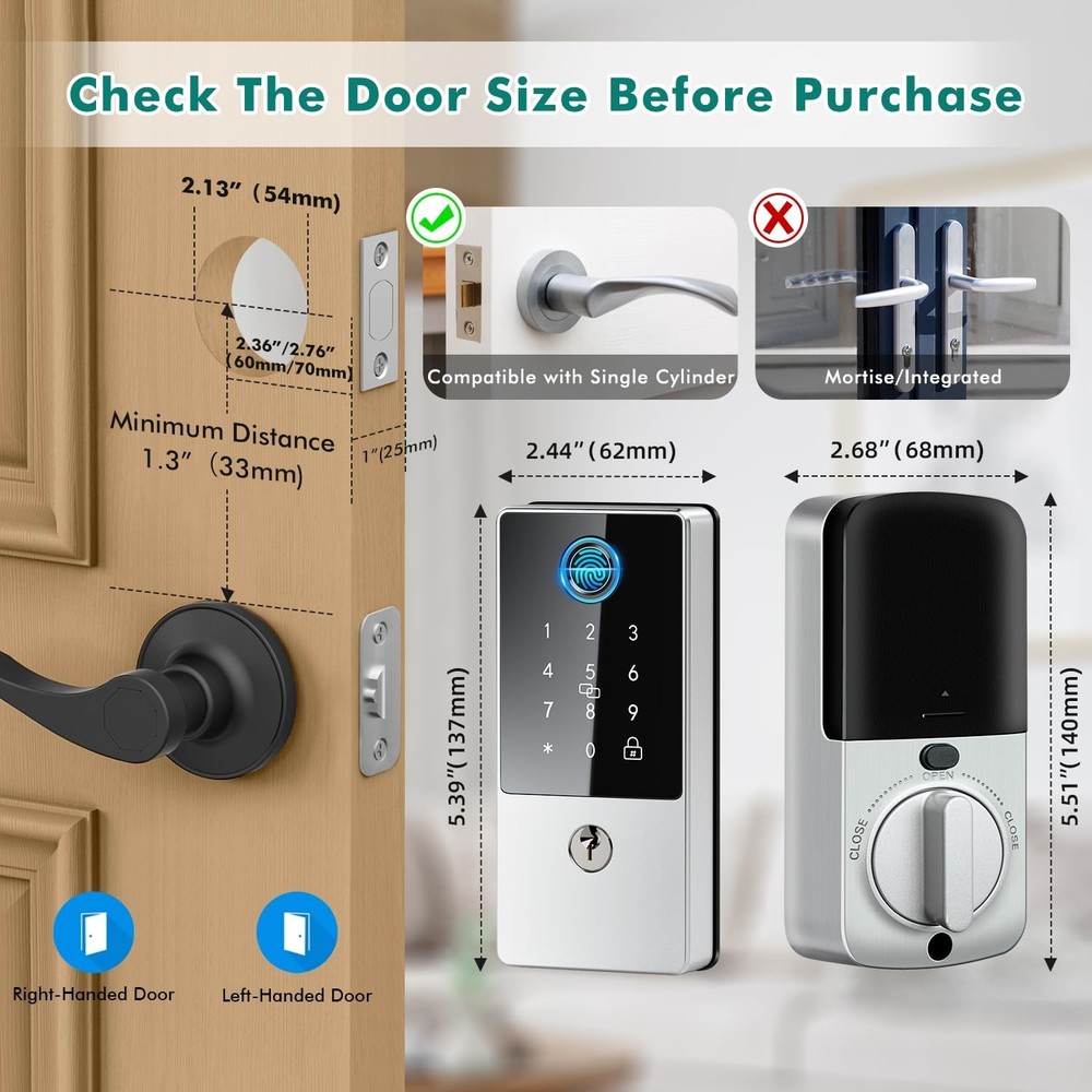 Biometric Smart Lock Deadbolt, Keyless Entry Door Lock with App Control & Rem...