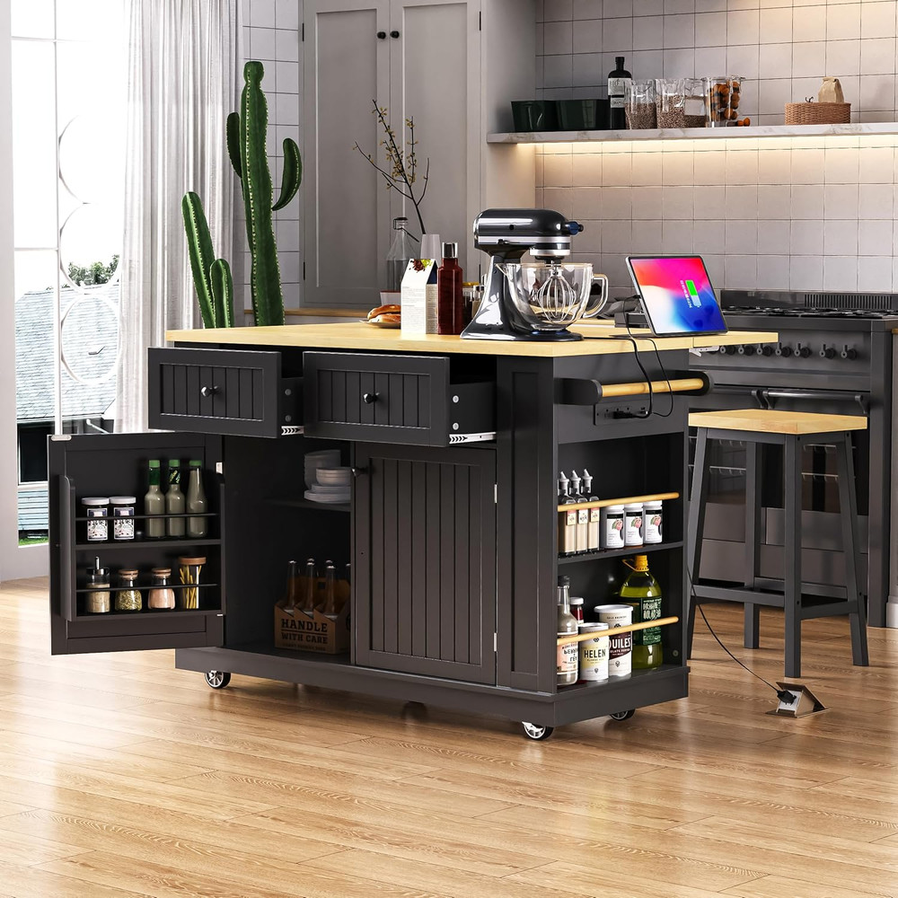 Rolling Kitchen Island with Drop Leaf & Power Outlet Large Kitchen Islands Car
