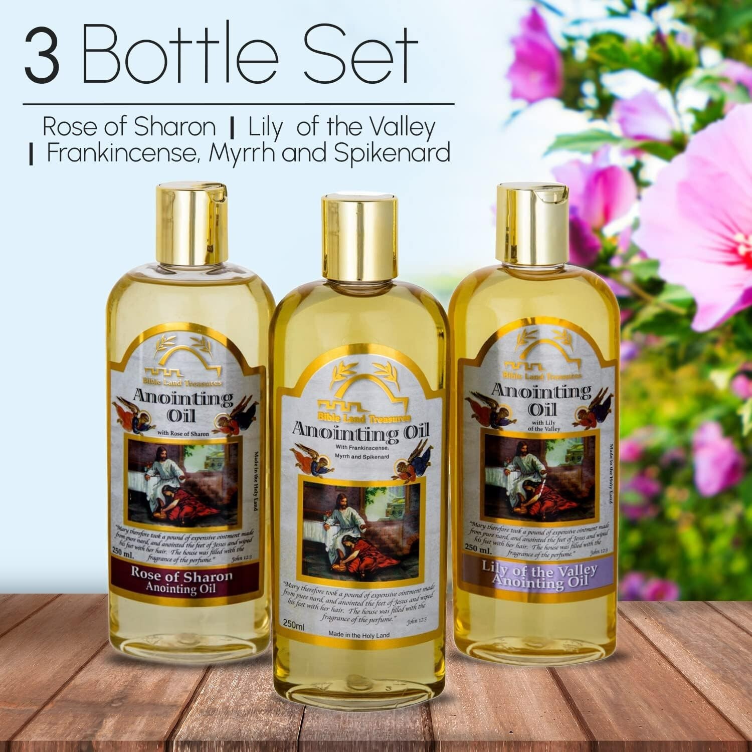 3 Bottle Set of Holy Land Treasures Anointing Oils Biblical 250 ml. - 8.45 fl.oz