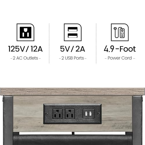 C Shaped End Table with Charging Station, Side Table for Sofa, Couch 2 Greige