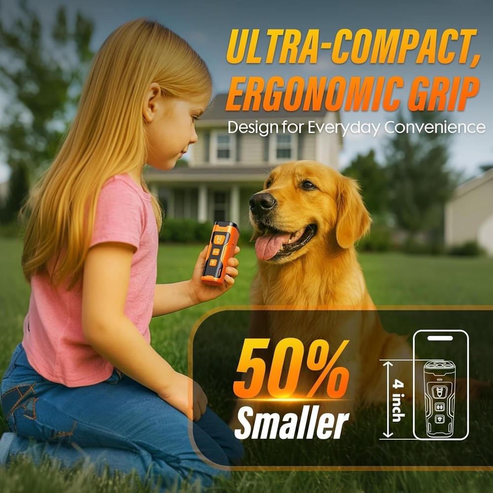 Portable Orange Ultrasonic Dog Bark Deterrent, 3X Coverage, 6 Modes, 23FT Range