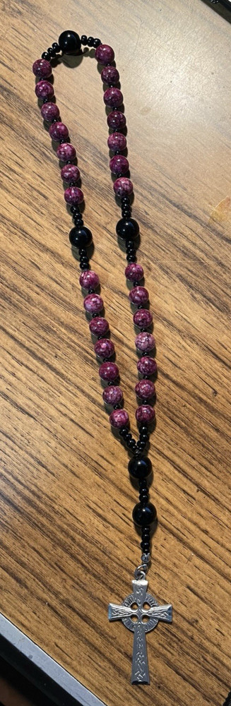 Purple & Black Agate Rosary with a 1.75 Celtic Pewter Cross L-J