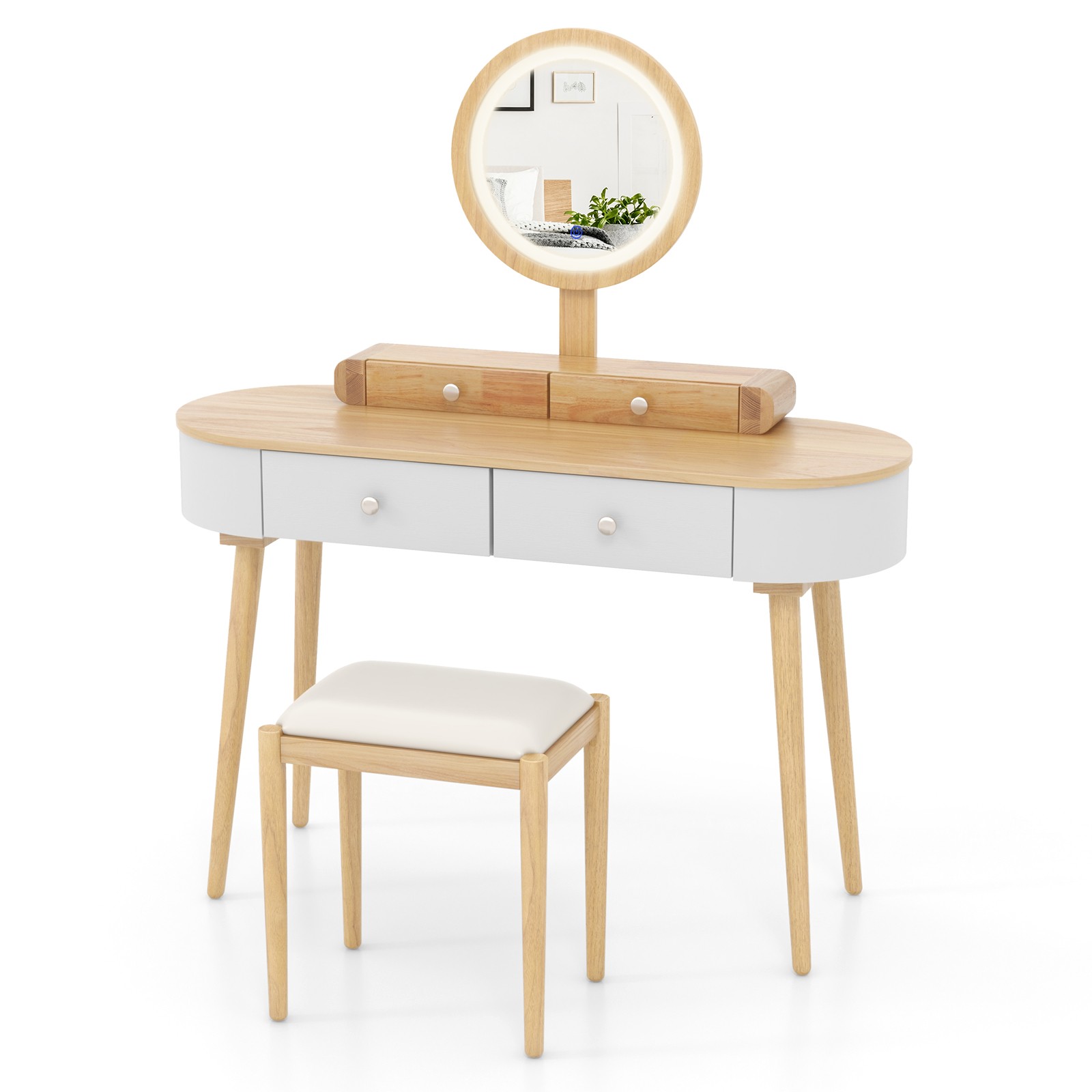 Solid Wood Makeup Vanity Desk Set w/LED Lighted Mirror, Drawers, Cushioned Stool