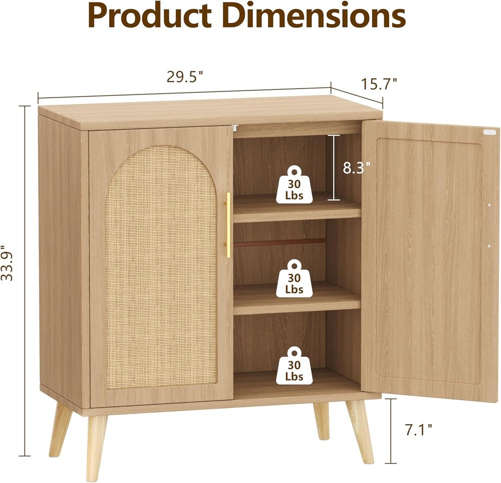 Rattan Buffet Cabinet with Storage, Boho Buffet Table with Adjustable Shelf and