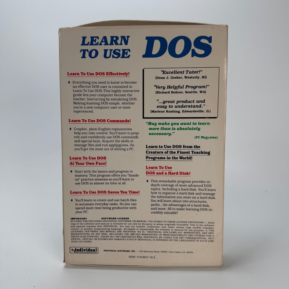 Individual Software Inc. Learn To Use DOS 0-918617-16-2 Vintage Computing