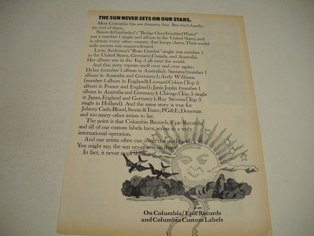 LYNN ANDERSON Simon & Garfunkel DYLAN Santana CHICAGO 1971 RW Promo Display Ad