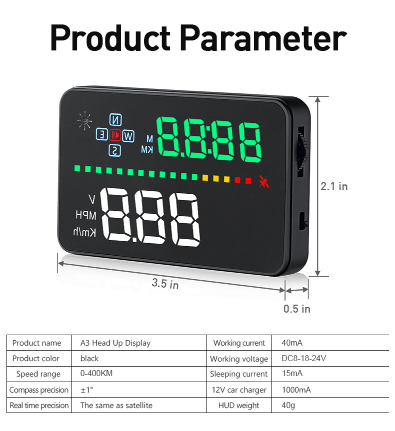 A3 GPS HUD Head Up Display Speedwarning Projector Speedometer One-key Switch US