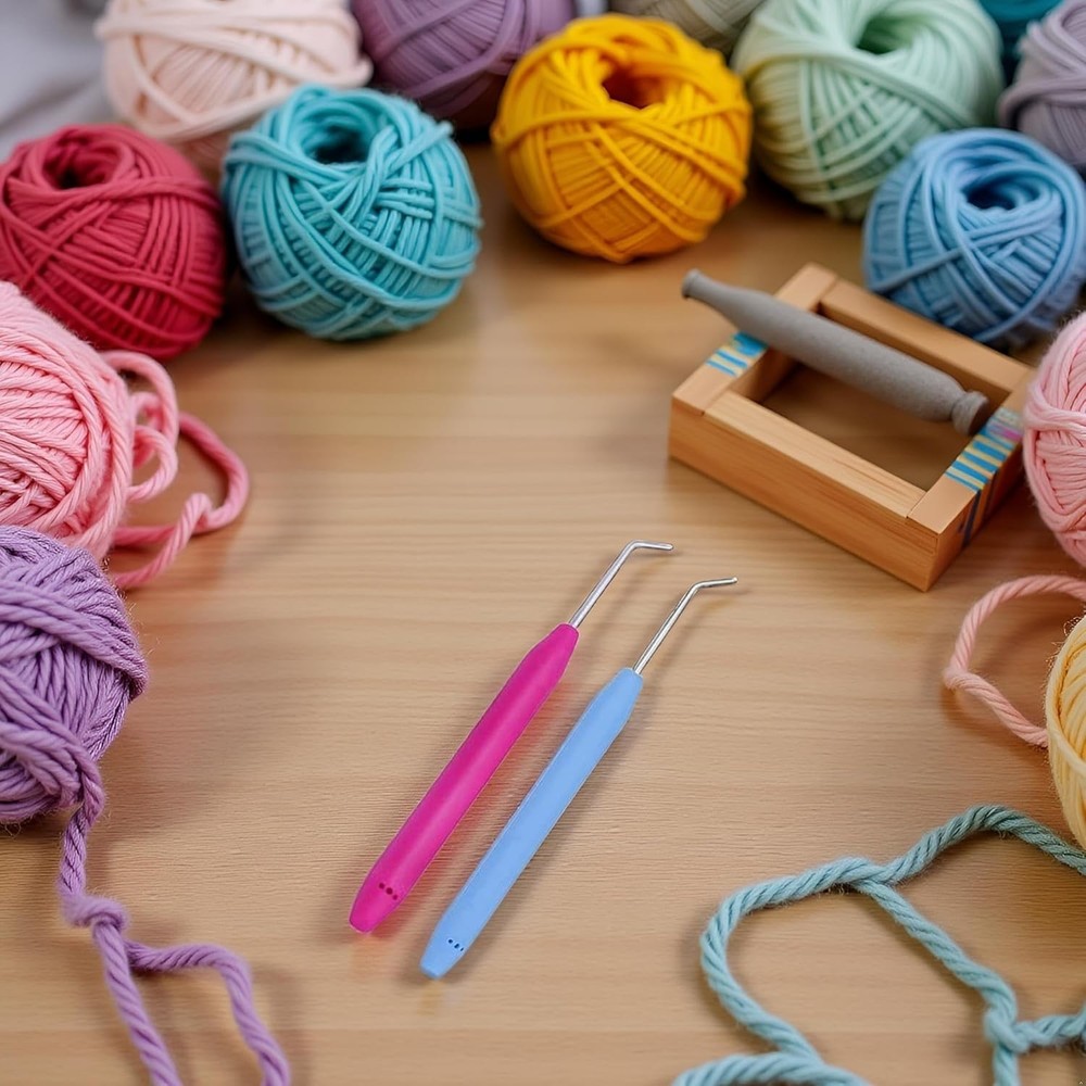 Versatile 2pc Knitting Loom Hook Set with Ergonomic Rubber Handles - Pink & Blue