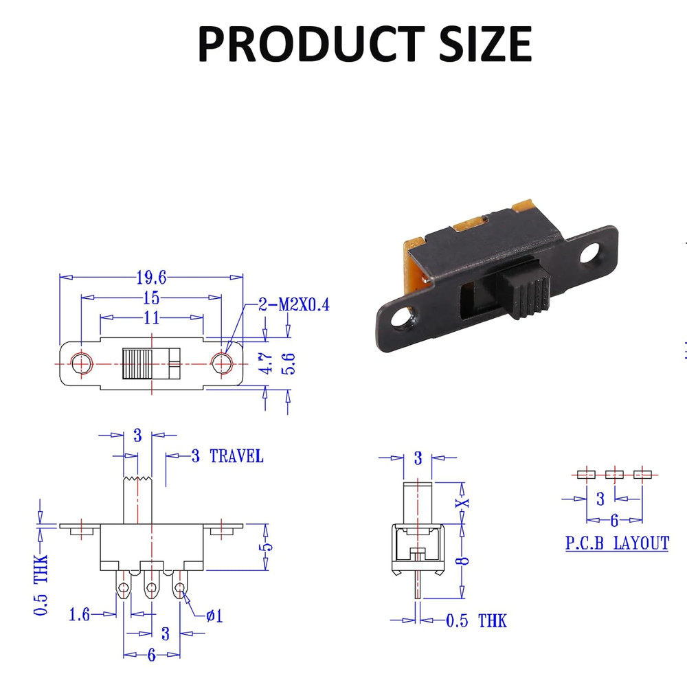 Slide Switch Panel Mount 3 Solder Lug Pin On/Off 2 Position 50Pcs