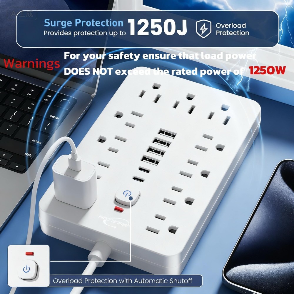 10 FT Flat Plug Surge Protector Power Strip11 Multiple AC Outlets with 6 USB ...