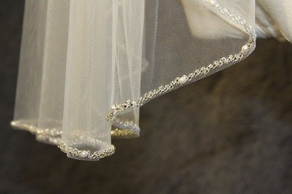 White Ivory Champagne one layer Wedding Veil beaded Edge Bridal Veil Fingertip