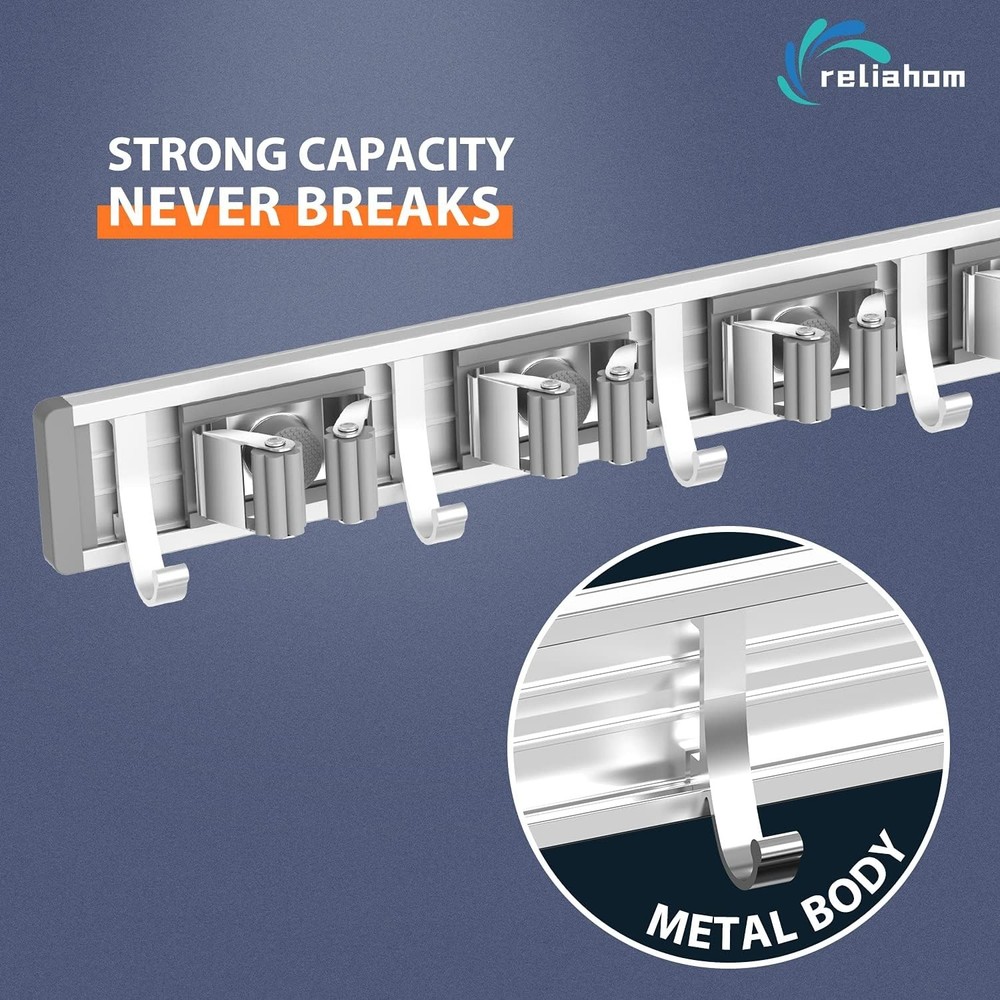 Effortless One-Hand Lock Broom Holder - Wall Mount Storage Solution in Silver