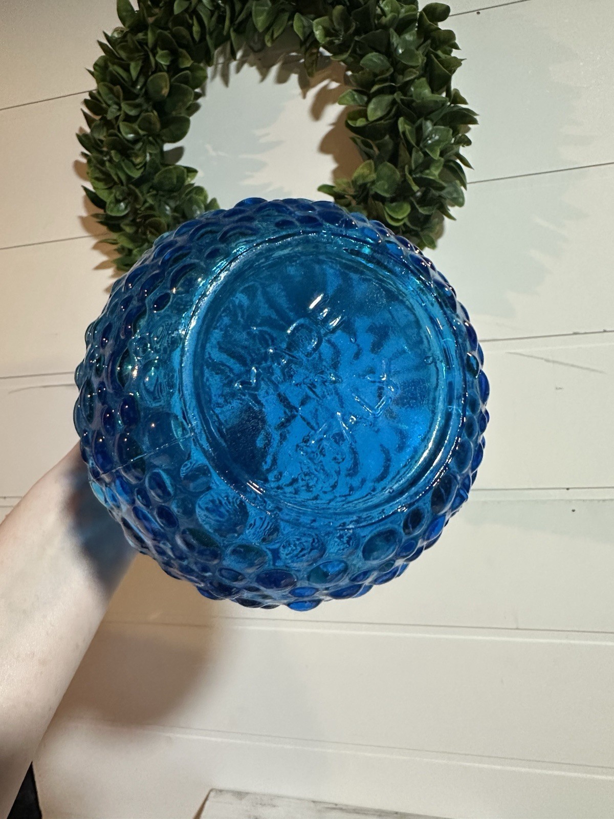 Vtg Blue Hobnail Glass Decanter Genie Bottle 22.75” W/ Stopper Empoli MCM Italy