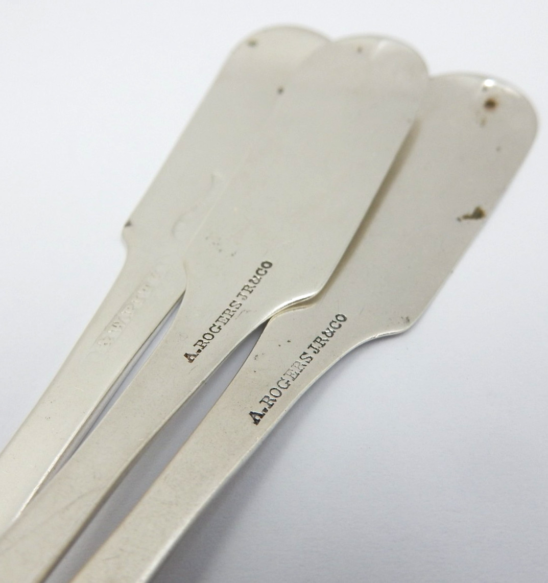 ANTIQUE SET OF THREE .900 COIN SILVER TEASPOONS W/MONO - 44.4 GRAMS TOTAL SCRAP