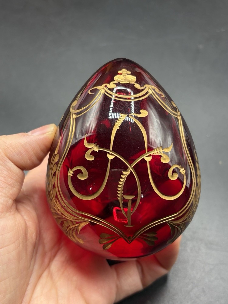 Faberge Egg Etched Ruby Gilt Glass Russian Red & Gold Eagle