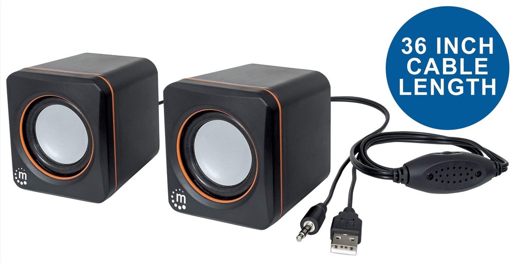 Manhattan USB Powered Stereo Speaker System - Small Size - 2", Black Orange