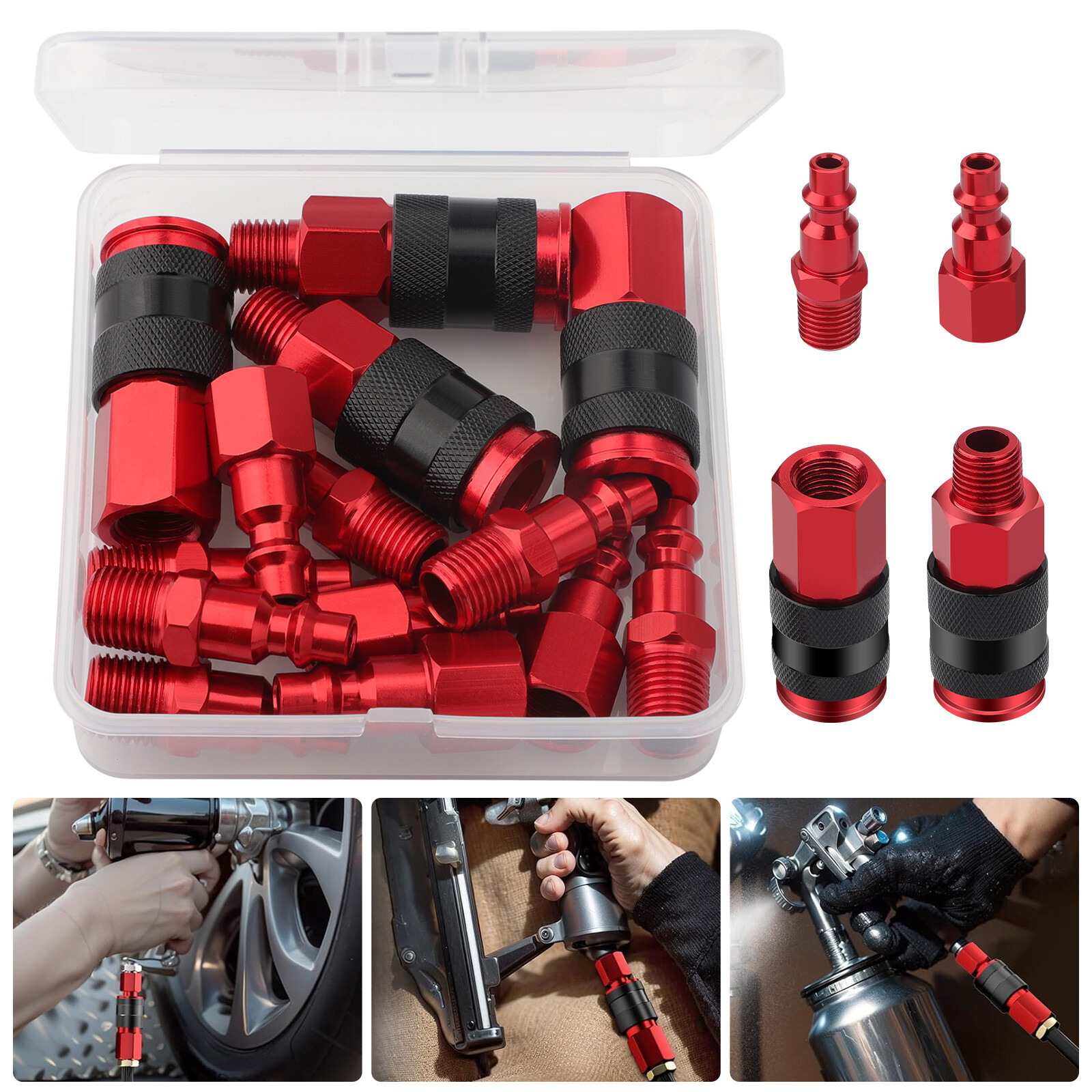 14pcs Air Hose Fittings, 1/4" NPT Quick Connect Air Coupler and Plug Kit Red