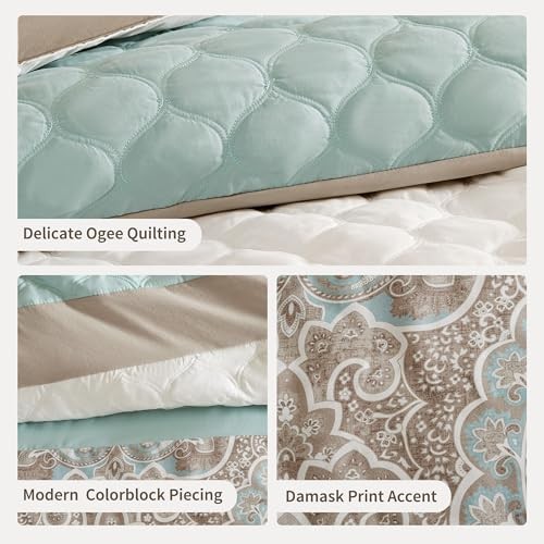 Luxe Quilted Comforter Set Modern California King Scrollwork Seafoam