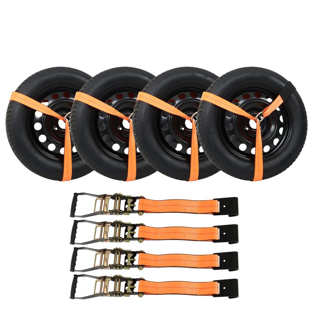 Durable 3,300 Pound Safe Working Load 4×Set Car Tie Down w/ Flat Hooks Universal