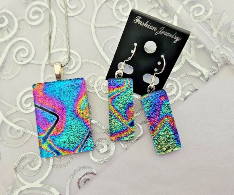 Handcrafted Fused Glass Colorful Dichroic Glass Pendant and Earring Set/New
