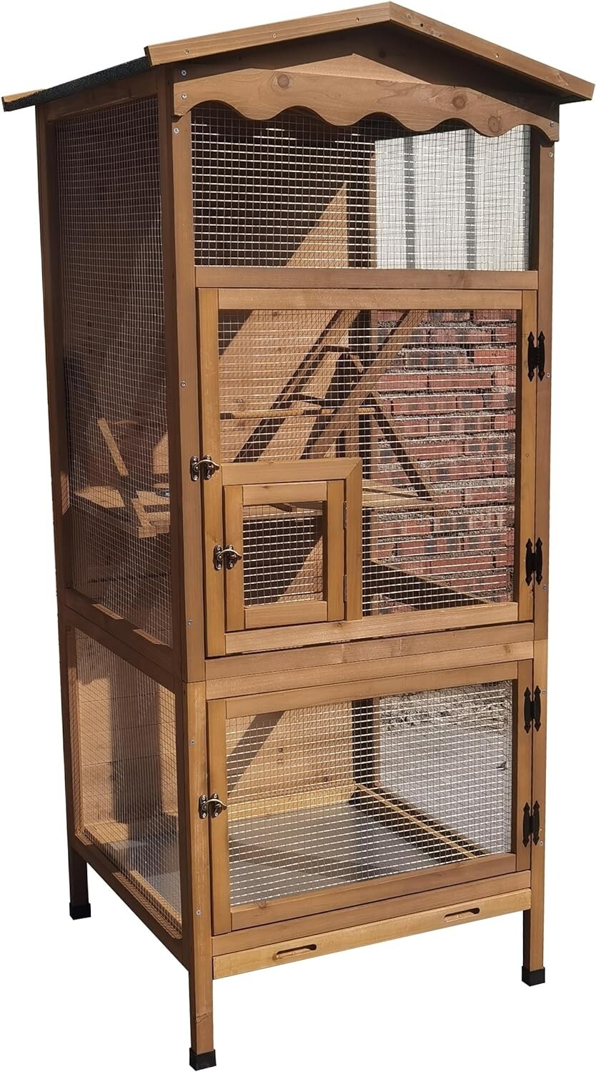 70?? Large Outdoor Bird Aviary Weatherproof Wooden Indoor Bird Cage Clean Tray