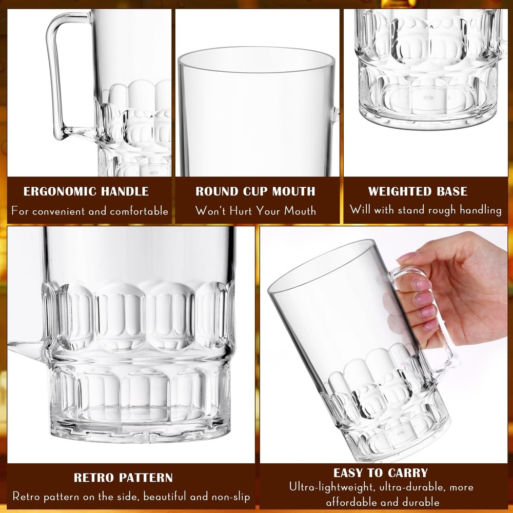 12 Pcs Clear Plastic Beer Stein Mug with Handle Shatter Resistant Large Dimpl...