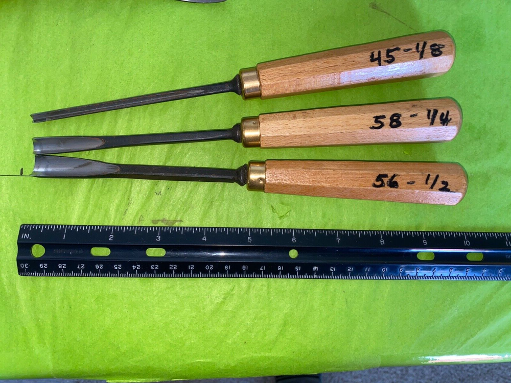 Wood Carving Gouges x 3 - #45 1/8" or "V" - #58 1/4" or #6 - #56 1/2" or #8