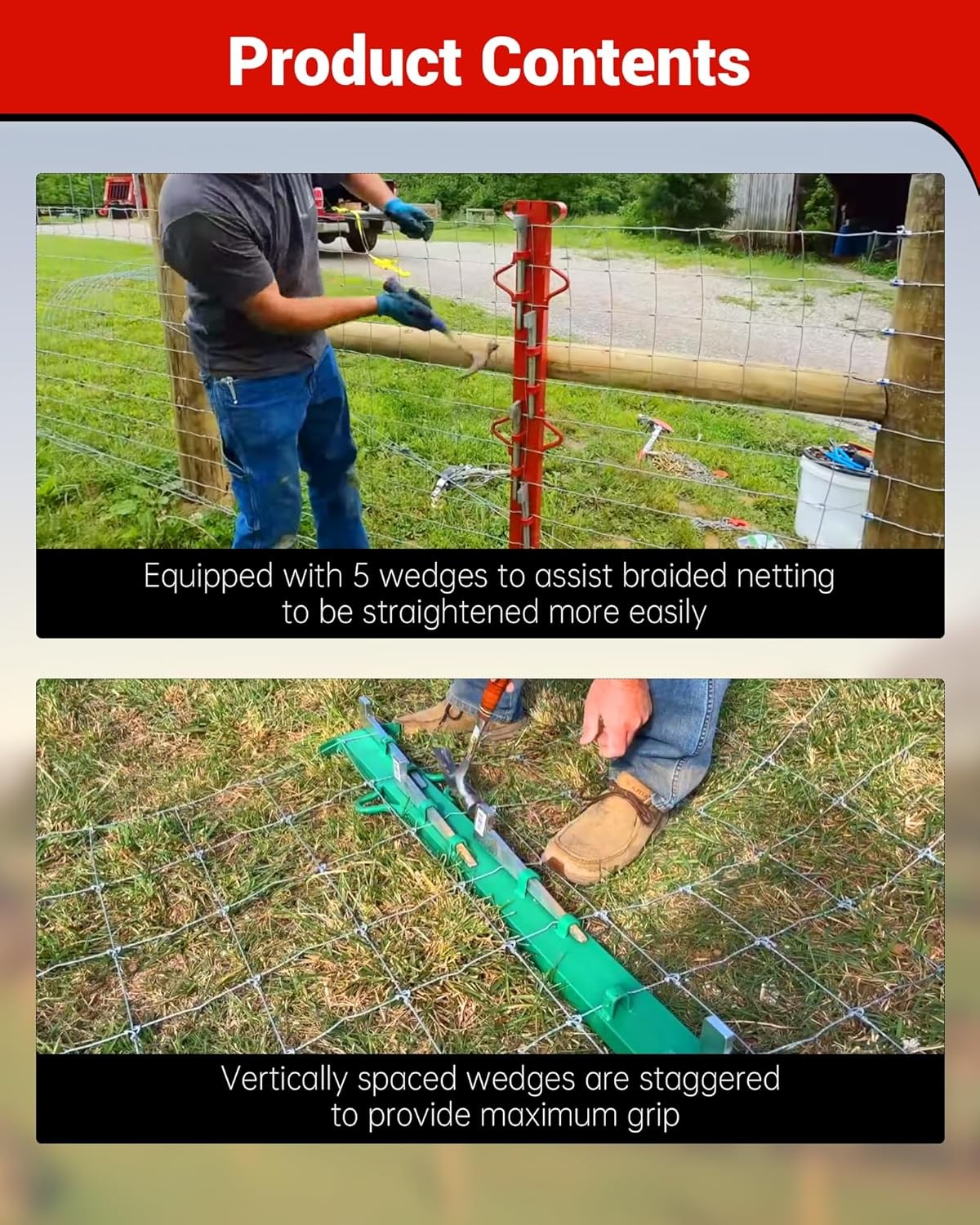 4Ft Woven Wire Fence Stretcher Bar with 5 Wedges, Red Fence Stretcher Tool Steel