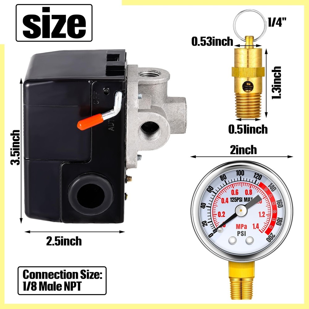 Peryiter 4 Pcs Air Compressor Pressure Switch Replacement Kit, 90-125 Psi Con...