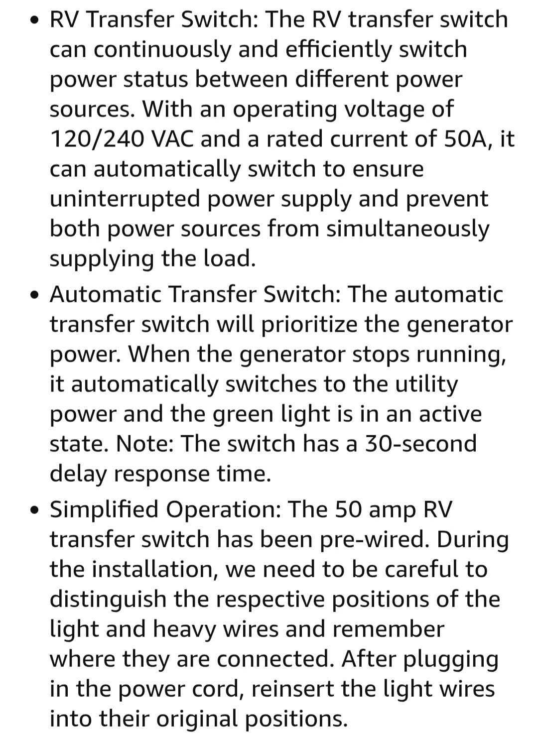 50 Amp RV Automatic Transfer Switch, 120/240 VAC Safety Power Monitoring Switch