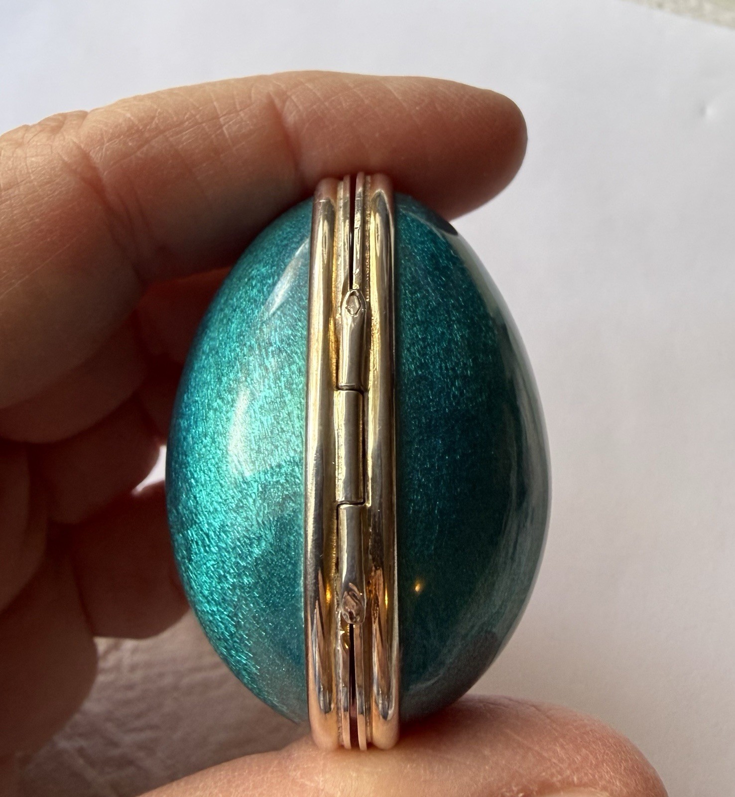 Antique Hallmarked Turquoise Enameled Sterling Silver Egg Trinket Box