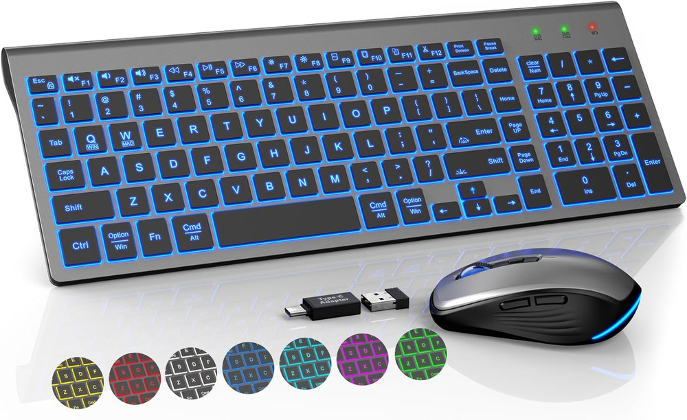 Wireless Keyboard and Mouse Combo Backlit - Compact Quiet Keyboard with RGB M...