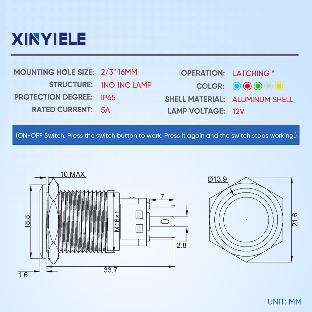 XINYIELE 16MM Latching 12V Push Button Switch On Black Shell, Blue LED