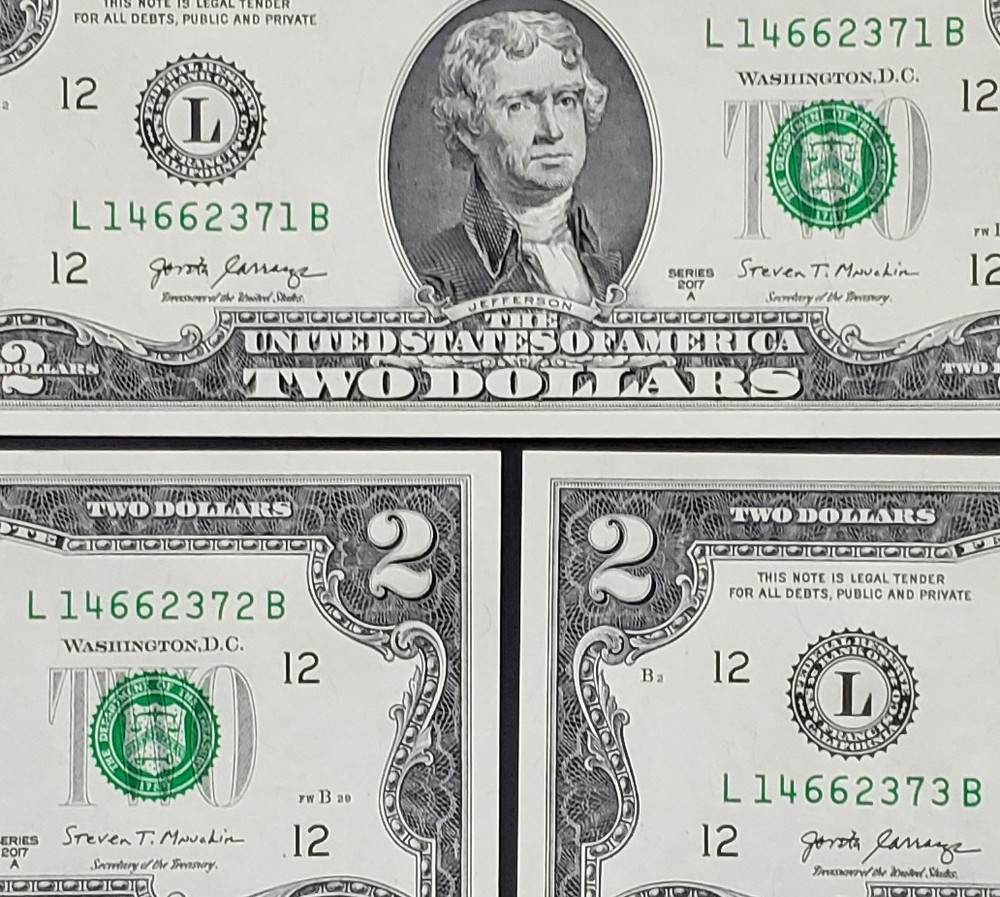 3x $2 Consecutive Notes L14662371B-373B 2017A Crisp UNC Sequential Run