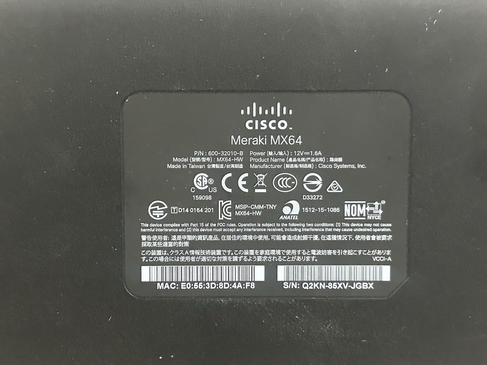 (2) Cisco Meraki MX64 cloud managed security appliance