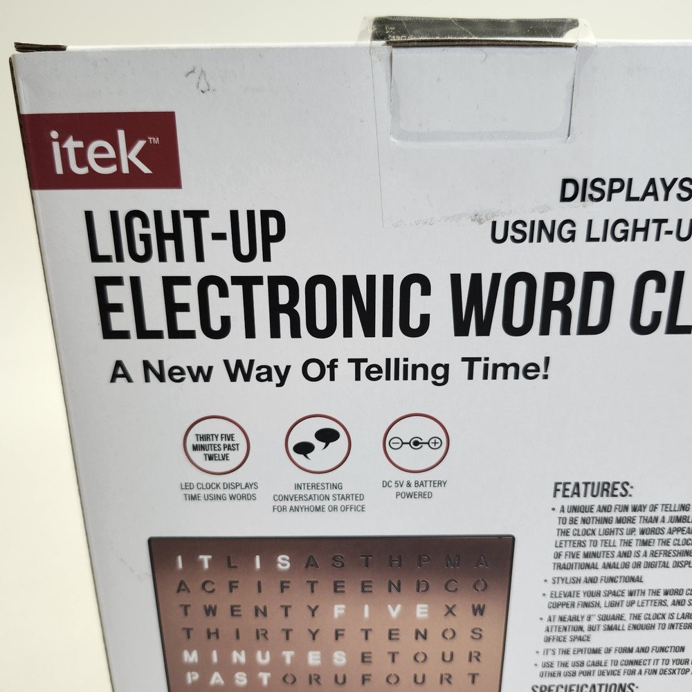 iTek Light Up Electronic Word Clock Text Battery USB 5V DC Powered Sharper Image