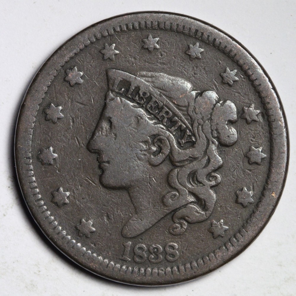1838 Coronet Head Large Cent CHOICE FINE+ E220 YNL