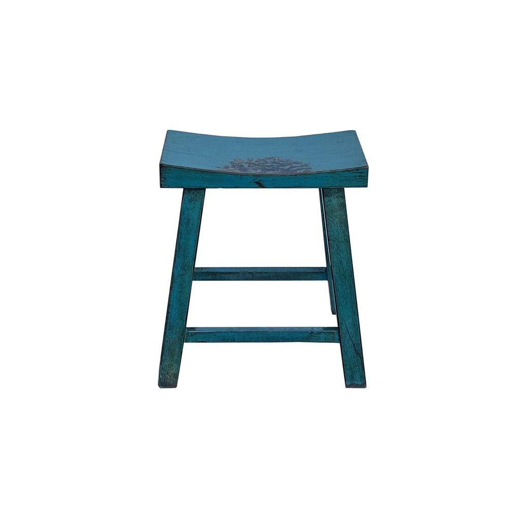 Distressed Teal Blue Rectangle Backless Slim Stool Bench Side Table JK327