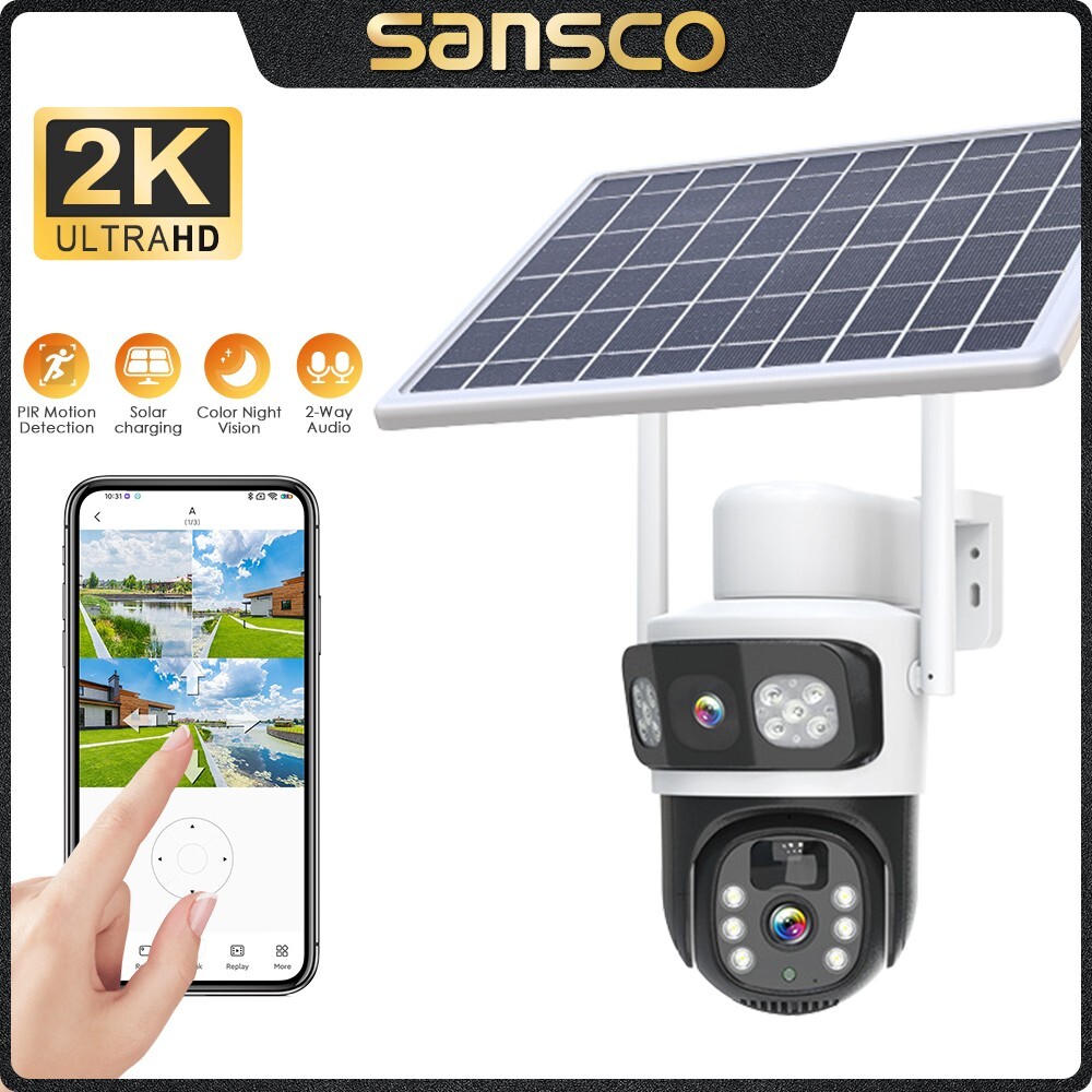 4MP WiFi Solar Battery Powered Wireless Security Camera Sys Outdoor PTZ Audio