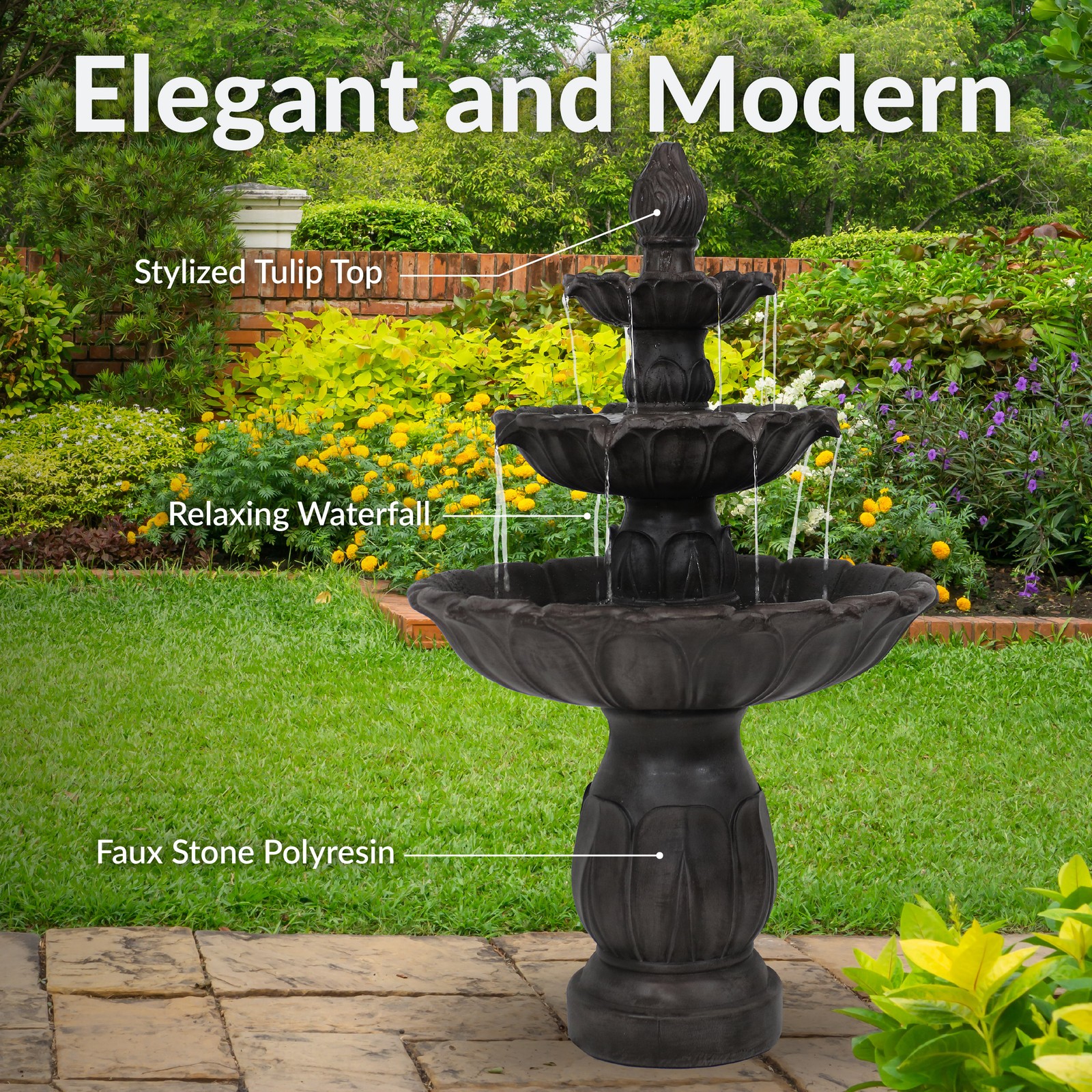 Sunnydaze Classic Tulip 3-Tier Outdoor Fountain, Dark Brown
