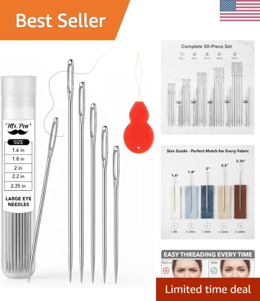 Large Eye Needles for Easy Threading - 5 Sizes, 50 Pcs for All Crafting Needs