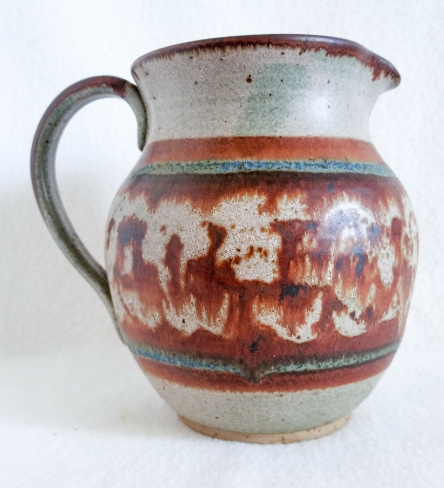 Pottery Pitcher Vase 6" Rustic Clay Grey and Brown Signed