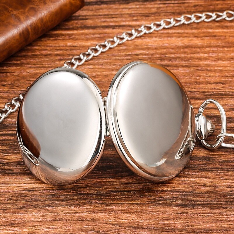 Silver Smooth Quartz Pocket Watch Roman Numerals Dial Fob Chain for Men Women